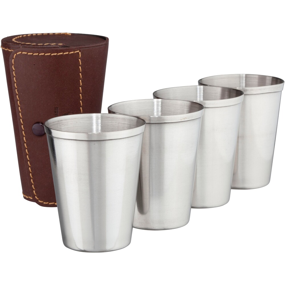 Set de gobelets en acier inoxydable dans un étui en cuir, 4 pièces