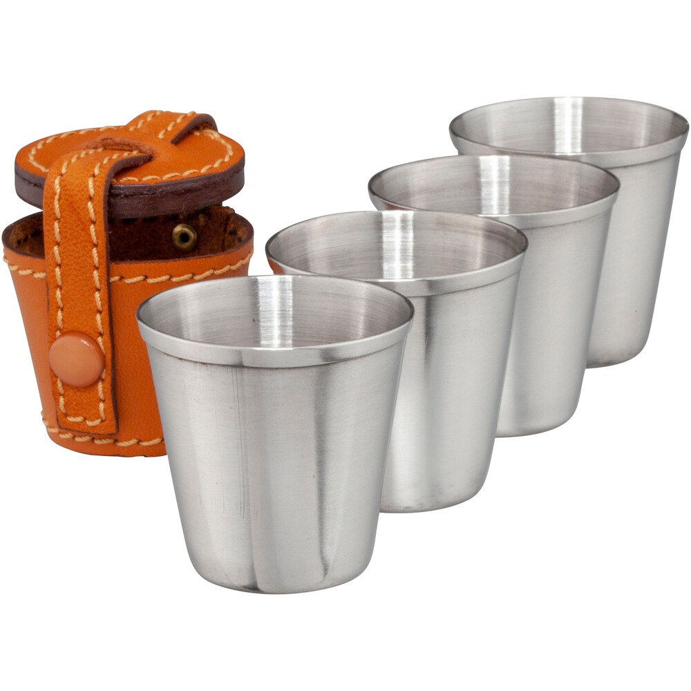 Set de gobelets à eau de vie en acier inoxydable dans un étui en cuir, 4 pièces