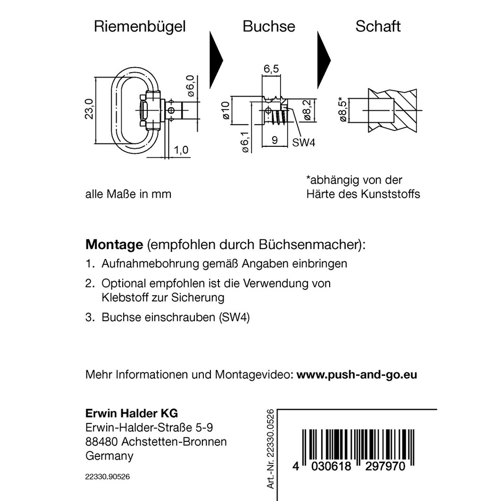Riemenbügel und Buchse SLIM "Push & Go", Halder