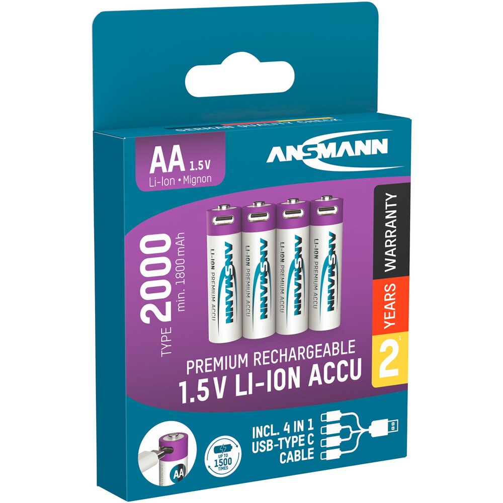 Piles rechargeables Li-Ion 1,5V AA type 2000 USB-C par 4, Ansmann