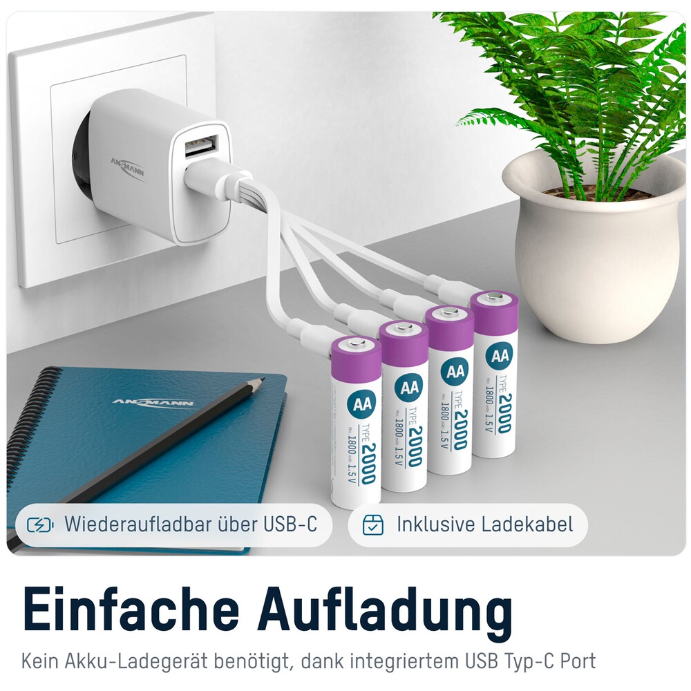 Piles rechargeables Li-Ion 1,5V AA type 2000 USB-C par 4, Ansmann